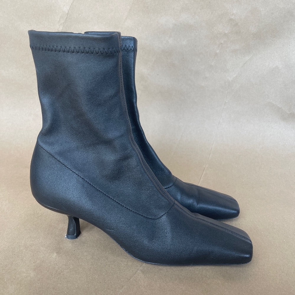 By FAR Lange Black Leather Square Toe Kitten Heel Ankle Boot